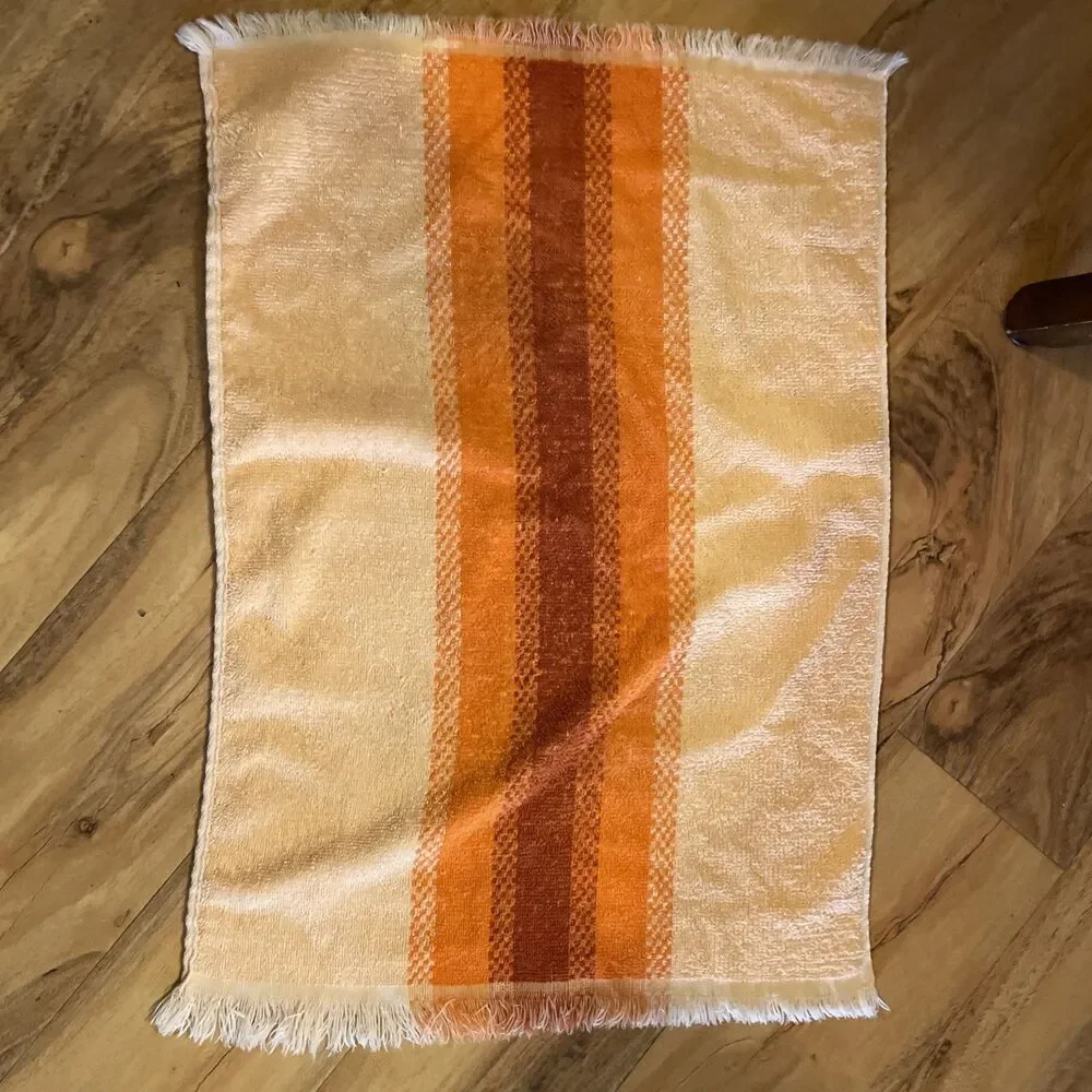 Vintage Vibrant Striped Hand Towel Orange & Peach Fringe 15.5”x22 70’s